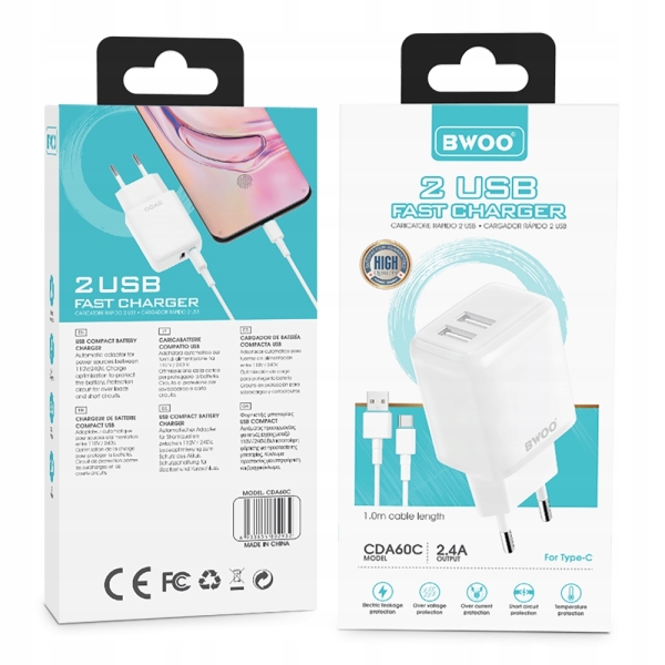 BWOO Ładowarka sieciowa 2x USB 2,4A 12W + kabel USB-C 100cm BIAŁA