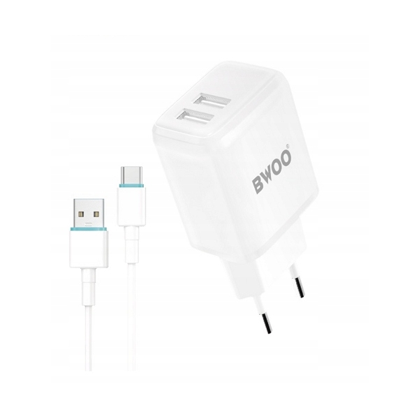 BWOO Ładowarka sieciowa 2x USB 2,4A 12W + kabel USB-C 100cm BIAŁA