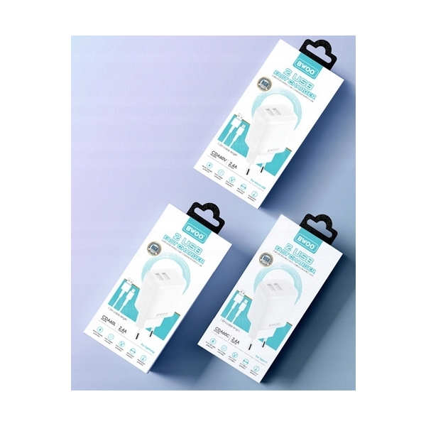 BWOO Ładowarka sieciowa 2x USB 2,4A 12W + kabel USB-C 100cm BIAŁA
