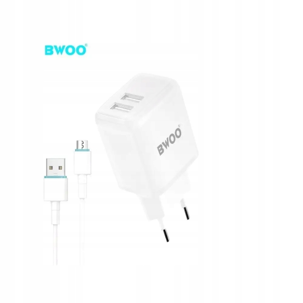 BWOO Ładowarka sieciowa 2x USB 2,4A 12W + kabel USB-C 100cm BIAŁA