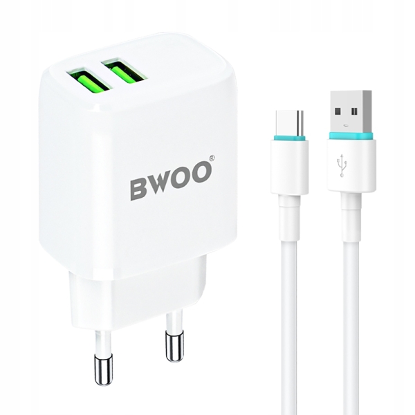 BWOO Ładowarka sieciowa 2x USB 2,4A 12W + kabel USB-C 100cm BIAŁA