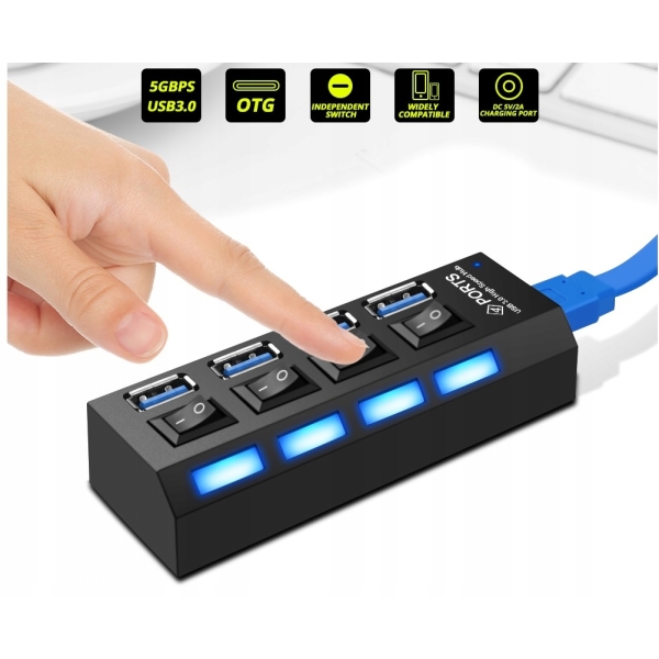 HUB USB 3.0 4 porty włączniki / wyłączniki portów podświetlenie