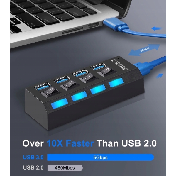 HUB USB 3.0 4 porty włączniki / wyłączniki portów podświetlenie